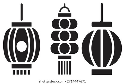 Conjunto de Vector de silueta de linterna china: tres iconos negros tradicionales con borlas y recortes