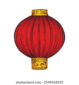 Chinese lantern in sketch style colored. Vintage style hand drawn. Vector images. Great for holiday design. Isolated on white background.