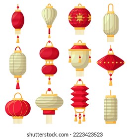 Chinese lantern traditional red light and oriental decoration of china culture for asian celebration. Set of festival decor paper lamp isolated on white background. Vector illustration