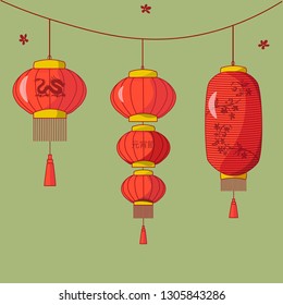 Chinese lantern vector traditional red lantern-light and oriental decoration of china culture for asian celebration illustration of festival decor light isolated.