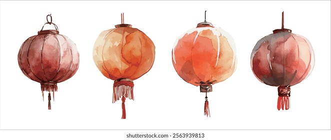 Chinese lantern watercolor painting, New Year, Lunar New Year, festive, Chinatown, Kongming lantern, prayer, blessing lantern