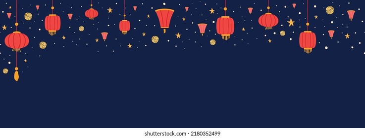 Faros chinos. Frontera perfecta entre farolillos chinos asiáticos. Linternas rojas chinas, estrellas, formas de círculo dorado en el cielo. Lámpara roja coreana, japonesa y asiática Decoración tradicional del festival. Ilustración vectorial.