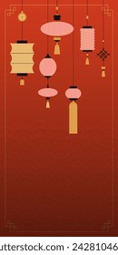 Fondo de linternas chinas. Lámparas tradicionales asiáticas de color rojo. Banner de celebración de Año Nuevo. Cartel decorativo contemporáneo. Guirnalda festiva y espacio de copia para texto. Diseño minimalista, ilustración vectorial