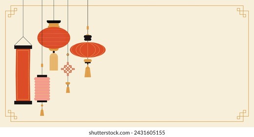 Fondo de linternas chinas. Lámparas tradicionales asiáticas de color rojo. Banner de celebración de Año Nuevo. Cartel decorativo contemporáneo. Guirnalda festiva y espacio de copia para texto. Diseño minimalista, ilustración vectorial