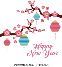 chinese lanterns and  branch with flowers decorations. happy new year concept. colorful design. vector illustration