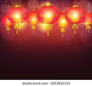 Linternas chinas ardiendo con luz brillante y fondo rojo iluminando ilustración vectorial realista