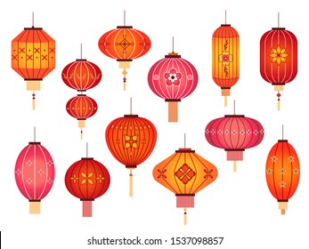 Chinese lanterns. Chinatown and japanese street holiday red lamp decoration. Asian traditional new year vector elements