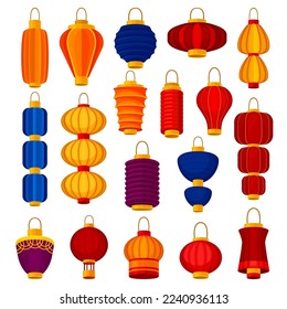 Chinese lanterns circular and cylindrical shapes set. Asian New Year symbols, festive traditional lamps cartoon vector illustration