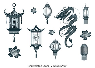 Chinese lanterns collection. Hand drawn isolated set of  Feng Shui symbols and decor elements isolated on white background. Vector illustration for greeting cards, tattoo and print.