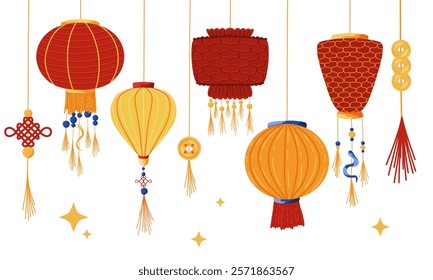 Chinese lanterns collection. Vector illustration for Chinese new year, Lantern Festival and Mid Autumn Festival decoration. Hand drawn hanging lanterns set on white background.