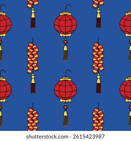 Chinese lanterns and crackers vector seamless pattern for the Chinese New Year theme. Lantern festival design for greeting cards, packaging paper, and textiles.