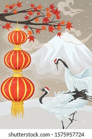 Chinese lanterns, cranes and snow mountain. Winter asian landscape
