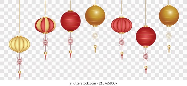 Chinesische Laternen in verschiedenen Farben und Formen, chinesische Dekoration. Realistische Vektorgrafik