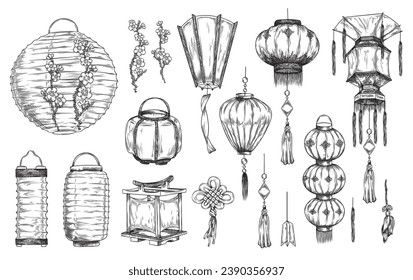 Chinesische Laternen in verschiedenen Formen dekoriert Sakurenblumen, Strickmuster und Tassels. Handgezeichnetes, Vektorgrafikset. Traditionelle japanische Papierlampen, Kugel und sechseckige Holzkisten