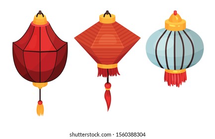 Chinese lanterns of different shapes. Vector illustration.