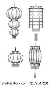 Chinese lanterns drawn in engraving style