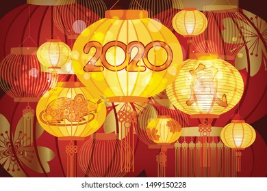 Chinese lanterns during new year festival. Chinese new year lanterns in chinatown background. Translation Mouse