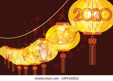 Chinese lanterns during new year festival. Chinese new year lanterns in chinatown background. Translation Mouse