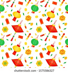 Chinese lanterns and fireworks flat vector festive seamless pattern. Asian annual festival celebration background. Traditional China holiday symbols texture. Oriental Lunar New Year wrapping paper