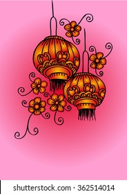 Chinese  lanterns with flower. Hand drawing.