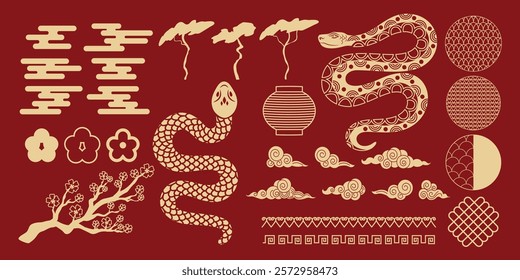 Chinese lanterns, frames, year of the snake. Traditional element decoration in Chinese style. Ornament. Trendy modern design. Line art. Japanese.  Chinese New Year. Sakura. Oriental geometric shape
