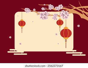 Chinese Lanterns Glowing Among Blossoms on Branch