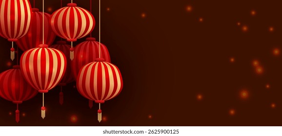 Chinese lanterns glowing on dark background. Traditional red abd gold Chinese lanterns hanging with soft lights. New Year poster vector background design. The concept of asian festive atmosphere