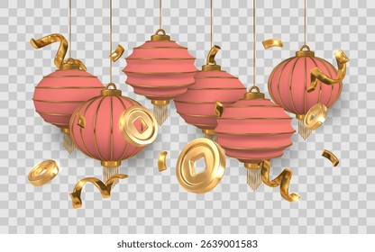 Chinese Lanterns with Gold Coins and Confetti in 3D Style for Lunar New Year, Celebration, or Festive Decoration. Ideal for Holiday Design. Vector Illustration.