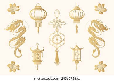 Colección de linternas chinas doradas. Conjunto aislado dibujado a mano de símbolos tradicionales de Feng Shui y elementos de decoración aislados sobre fondo blanco. Ilustración vectorial para tarjetas de felicitación e impresión.