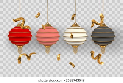 Chinese Lanterns with Golden Confetti for Lunar New Year, Festival, and Celebration Themes. Hanging 3D Style on Transparent Background. Vector Illustration.
