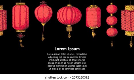 Faros chinos. Ilustración vectorial dibujada a mano. Frontera perfecta. Linternas rojas asiáticas del año nuevo. Plantilla de diseño. Ilustración vintage.