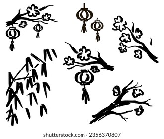 Chinese Lanterns hang on cherry tree. Japanese paper lights sketch vector japanese illustration ink design elements. Chinese New Year festive vector element set.