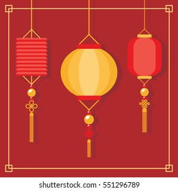 Chinese lanterns hanging flat vector illustration