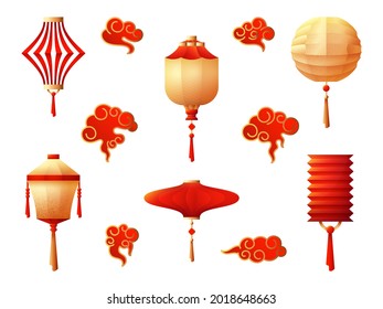 Chinese lanterns. Hanging lantern, red gold night lights. Holiday traditional asian symbols, japanese korean lamps and clouds swanky vector set on white
