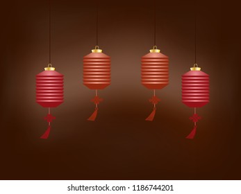 Chinese lanterns hanging in a semicircle, burning in the dark