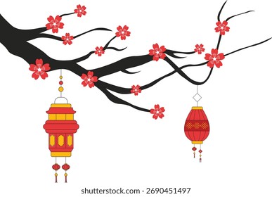 Linternas chinas colgando de ramas de árboles
