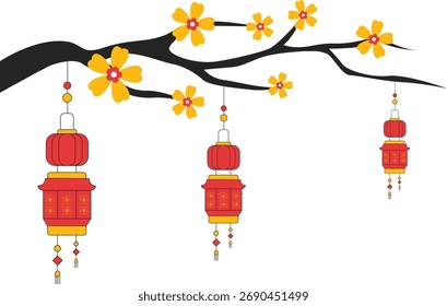Linternas chinas colgando de ramas de árboles