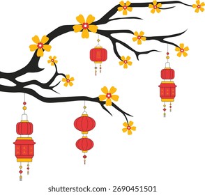 Linternas chinas colgando de ramas de árboles