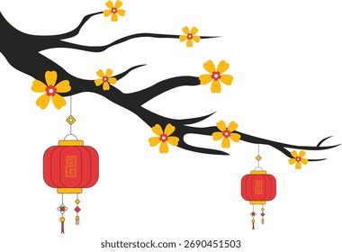 Lanternas chinesas penduradas em galhos de árvores