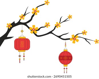 Linternas chinas colgando de ramas de árboles