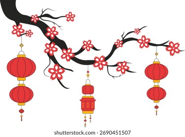 Linternas chinas colgando de ramas de árboles
