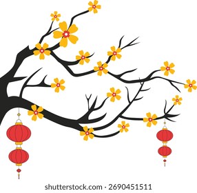 Linternas chinas colgando de ramas de árboles