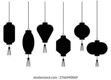 Chinese lanterns icon vector. Collection of decorative Chinese new year lanterns vector, Japanese Asian new year lamps festival. Vector illustration. Hanging light bulbs Silhouette.