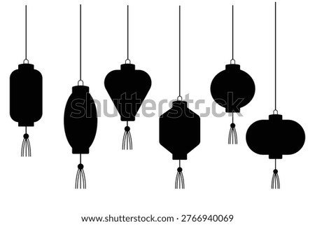 Chinese lanterns icon vector. Collection of decorative Chinese new year lanterns vector, Japanese Asian new year lamps festival. Vector illustration. Hanging light bulbs Silhouette.
