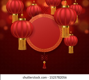 Chinese lanterns. Japanese asian 2020 rat new year red lamps festival 3d chinatown traditional realistic festive vector asia symbol decorative paper background