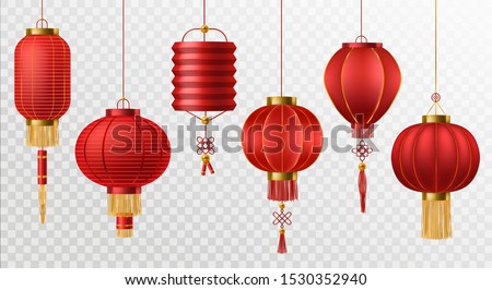 Chinese lanterns. Japanese asian new year red lamps festival 3d chinatown traditional realistic element vector asia religion symbol set