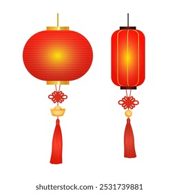 Chinese lanterns lunar new year decoration. Hanging ornaments Spring festival vector design elements isolated. Red lantern with Chinese knot pendant and tassel, golden bell, yuanbao gold ingot.