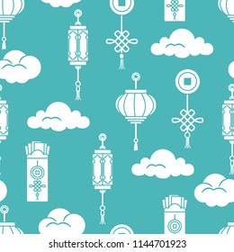 Chinese lanterns, chinese money envelopes , coin for good luck, clouds. Festive traditions of different countries.