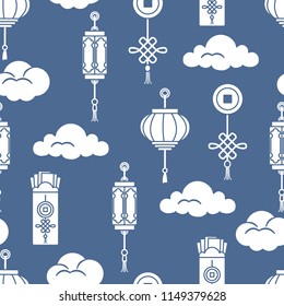 Chinese lanterns, chinese money envelopes , coin for good luck, clouds. Festive traditions of different countries.