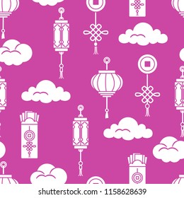 Chinese lanterns, chinese money envelopes , coin for good luck, clouds. Festive traditions of different countries.